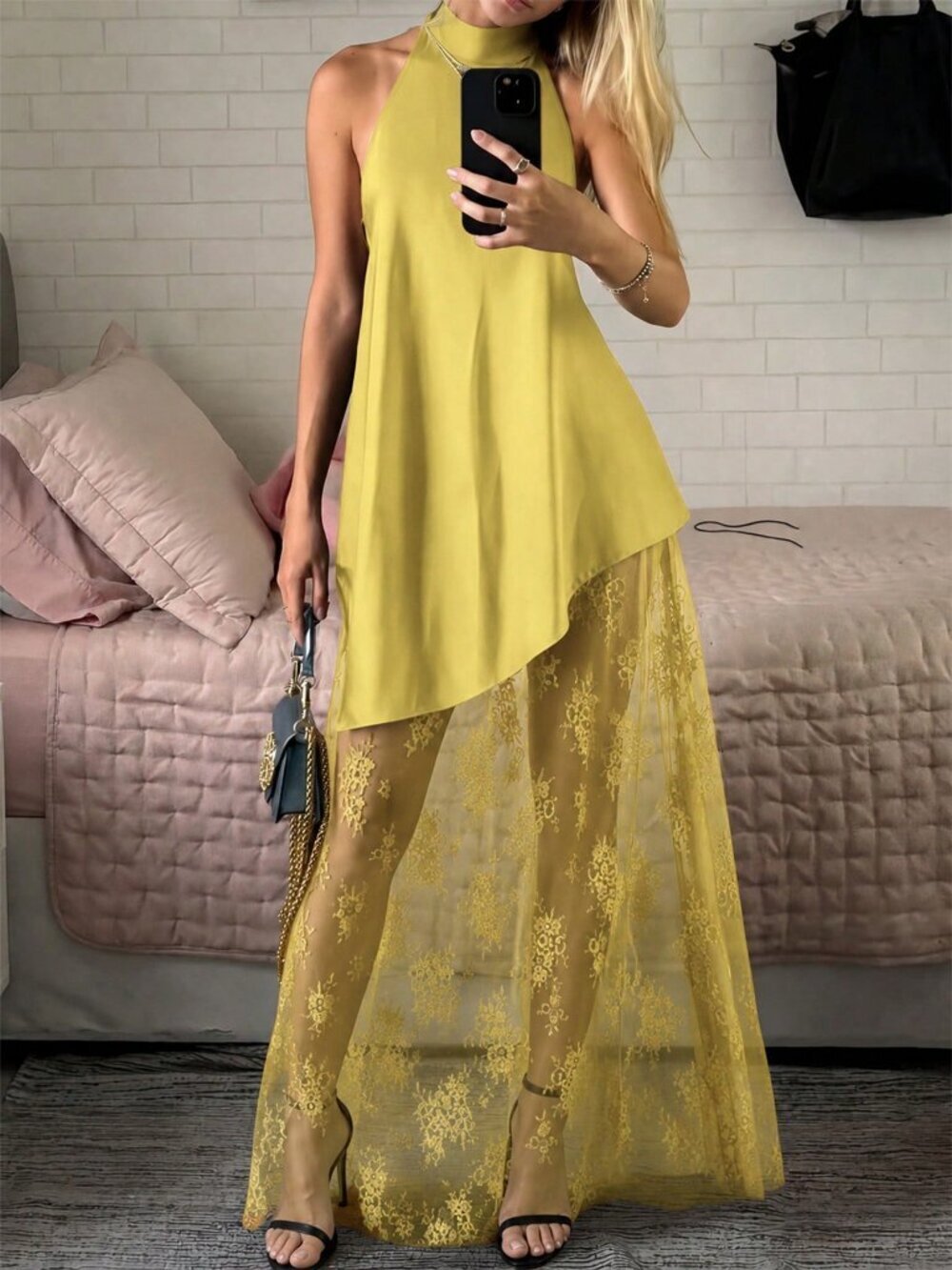 Yellow Casual Women's Sleeveless  Sheer Lace detailed A-Line Dress